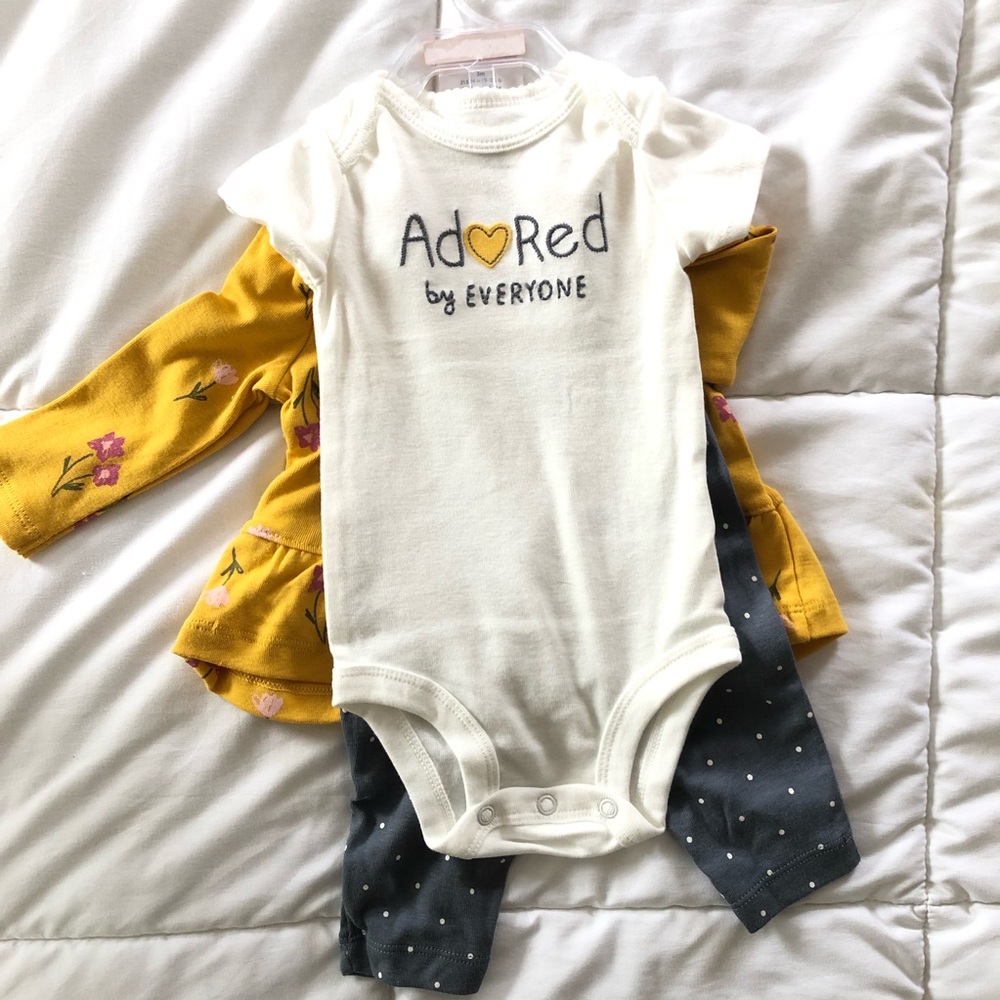 NWT Carter’s Just One You Girl’s 3pc Set - 3 Mo - Yellow Floral, Grey Polka Dot